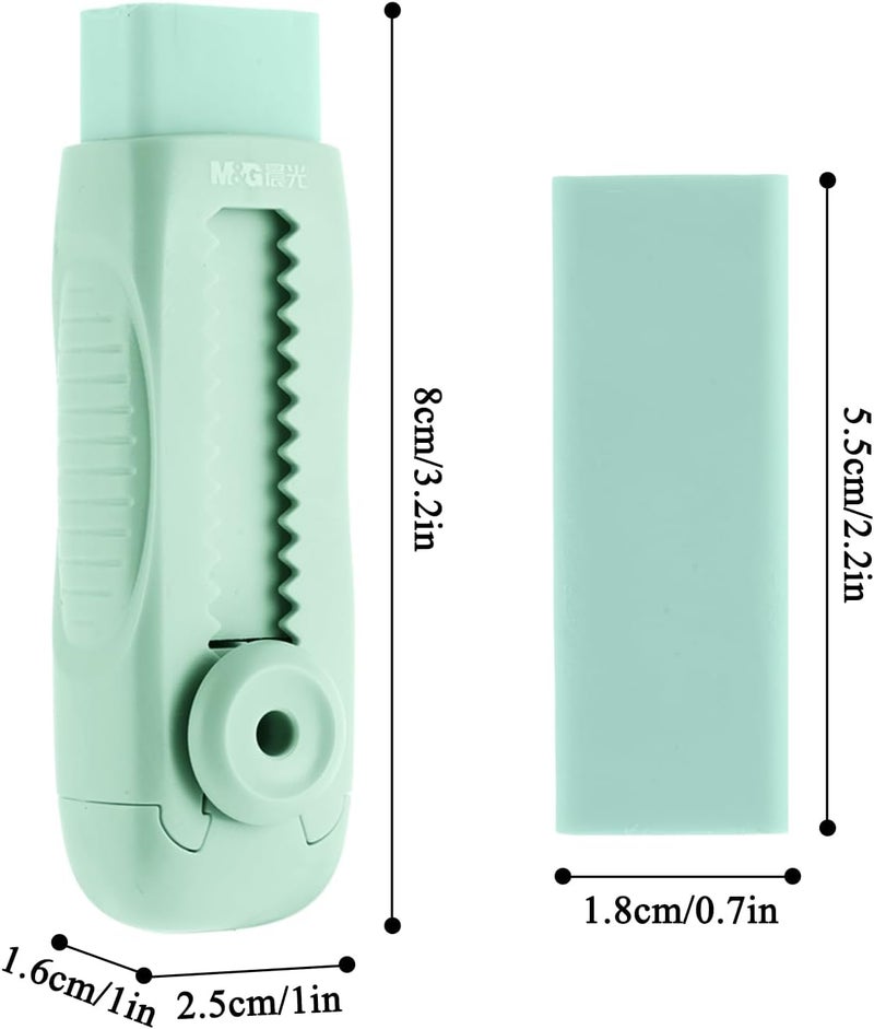 MG 4+1 Pack Rubber Erasers Sliding Retractable Eraser, Soft Cute Erasers Push Pull Large Pencil Eraser with Plastic Sleeve 4 Refill Eraser for Students Kids, School Office Home Supplies (Green) - Image 2